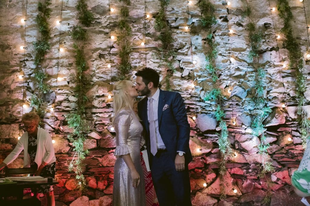 Bride and Groom Ceremony Kiss at Yew Tree Farm Wedding