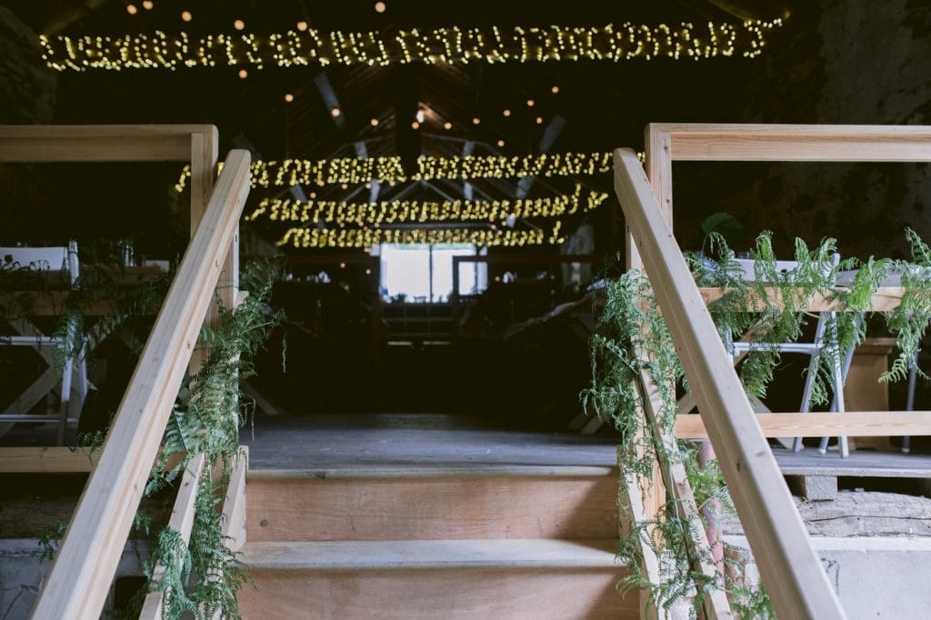 Decorating Stair way at Yew Tree Farm Wedding