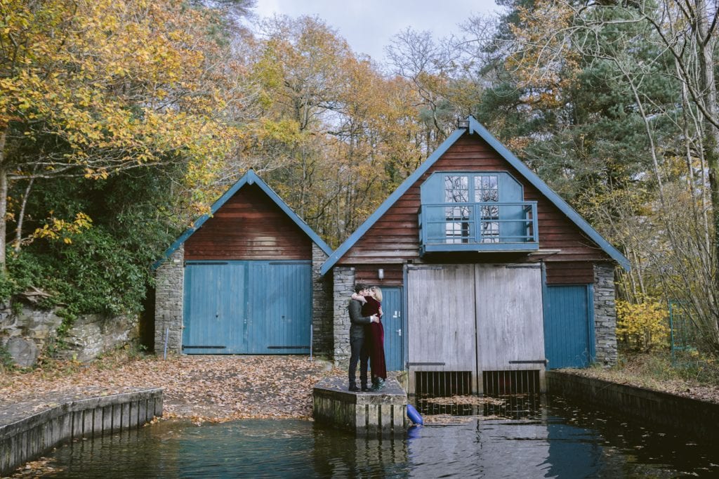 Couple stood on Boat house pier in the lake district as they elope at cragwood country house hotel