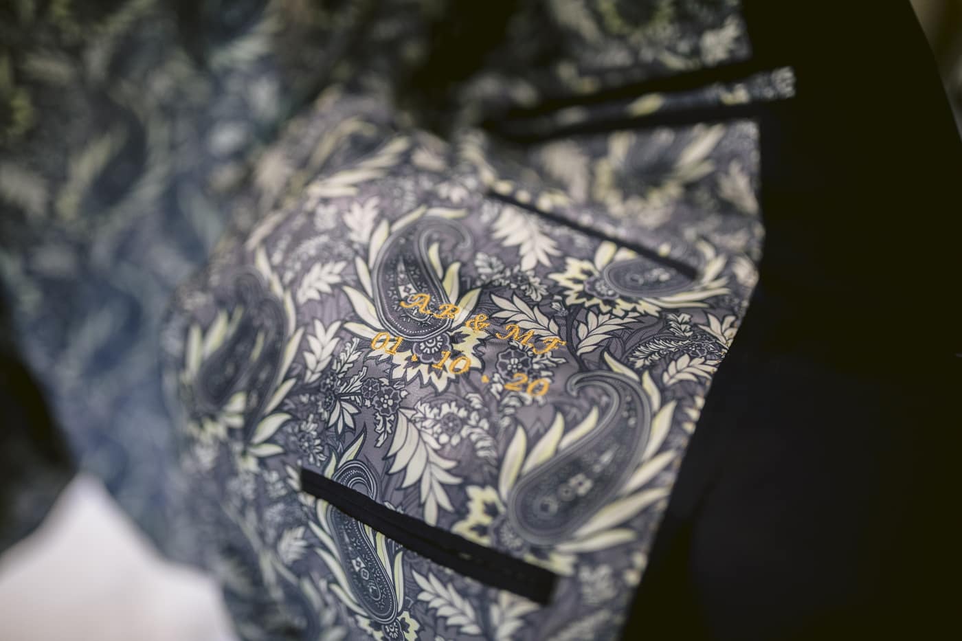 The back of a suit with a floral pattern on it for a Hexham House Wedding.