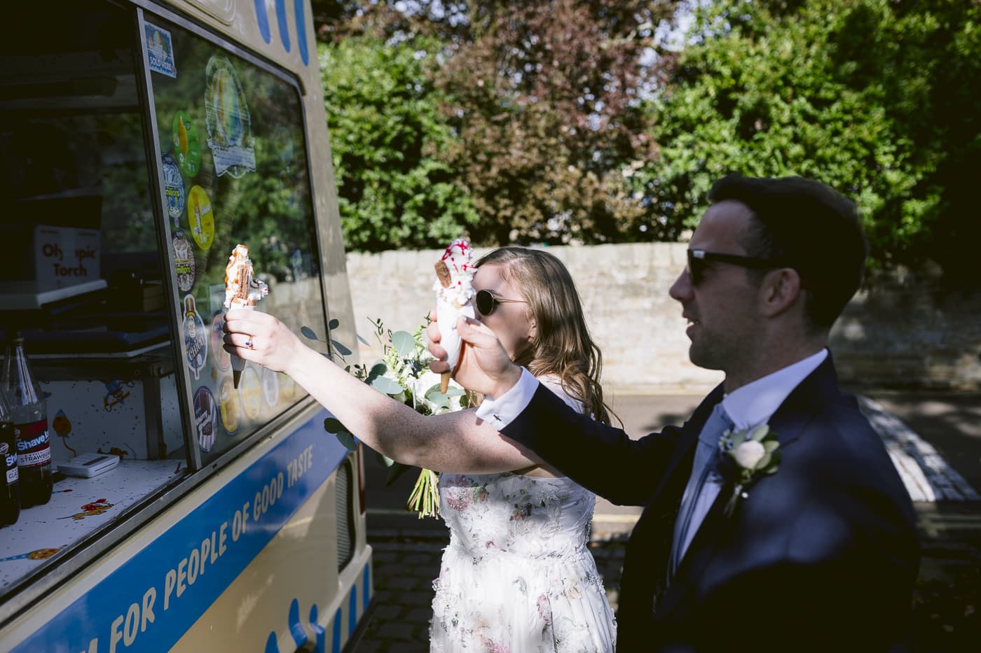 A Hexham House wedding featuring a bride and groom standing next to an ice cream truck.