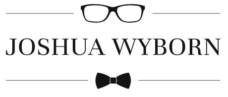Logo with the text "Joshua Wyborn" nestled between a pair of glasses and a bow tie, reflecting an elegant Black Portrait theme.