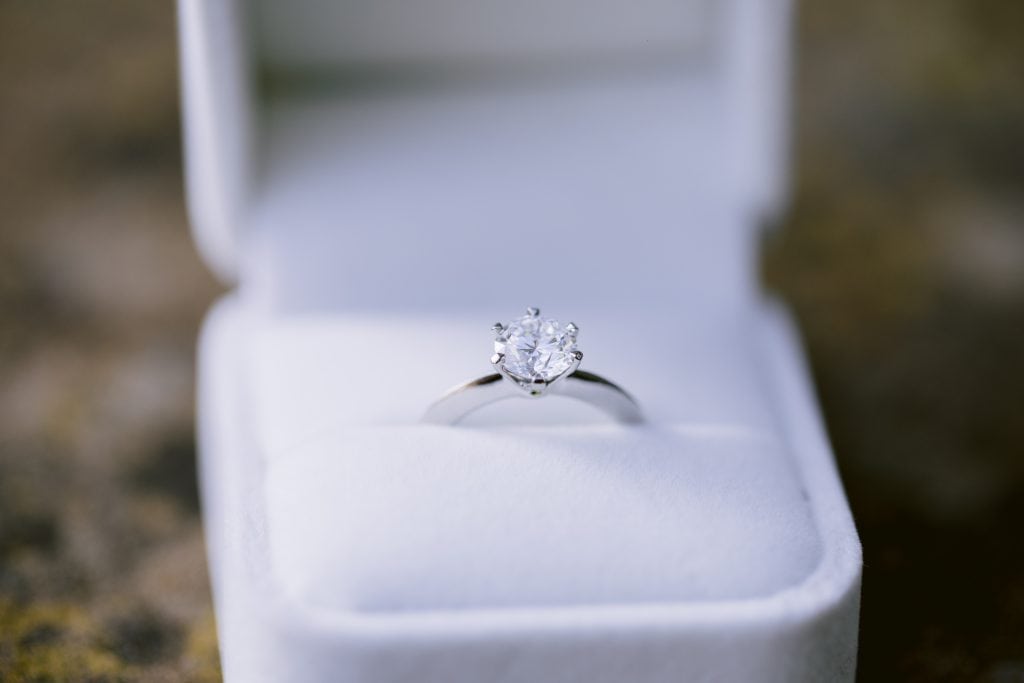 A white box with a diamond engagement ring in it.