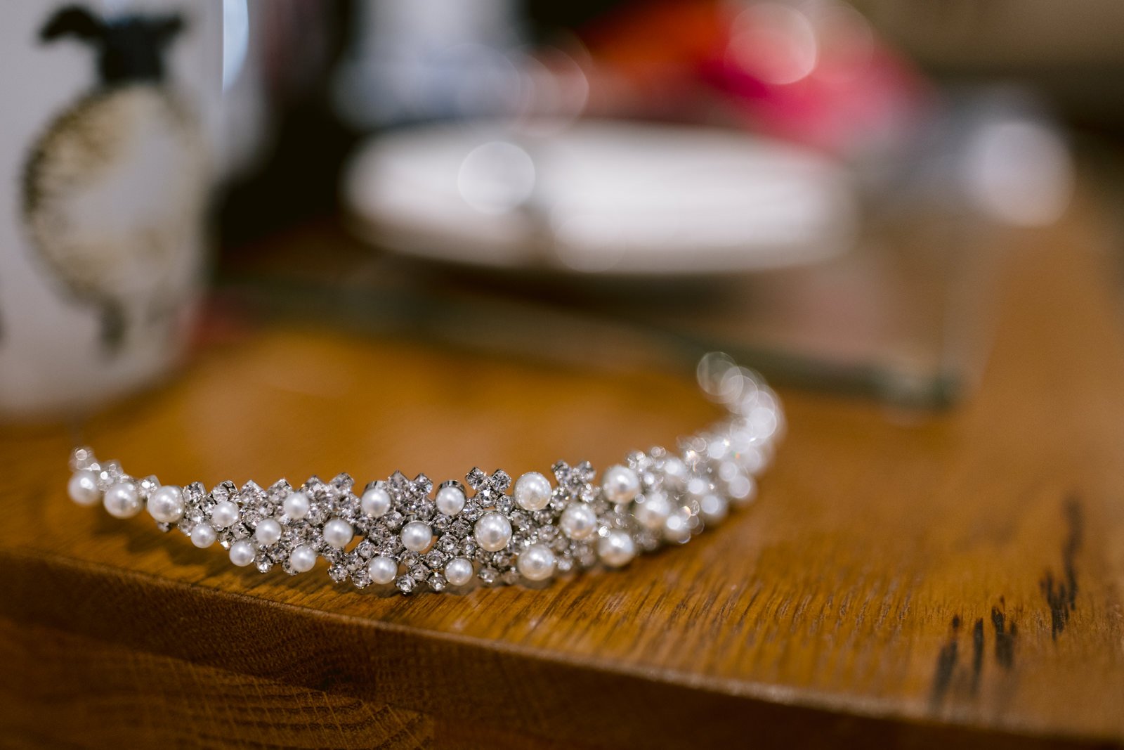 A wedding tiara sits on top of a table at Ruleholme.