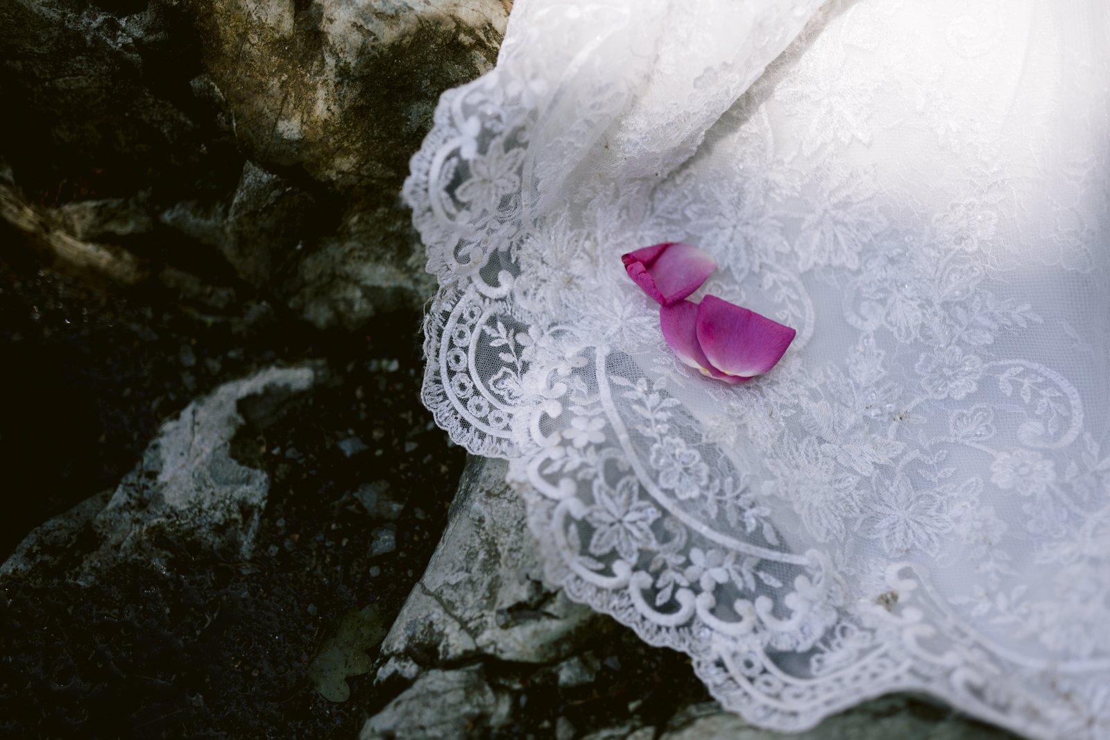 A close-up of a white lace fabric with two pink rose petals on it, resting on gray rocky ground.