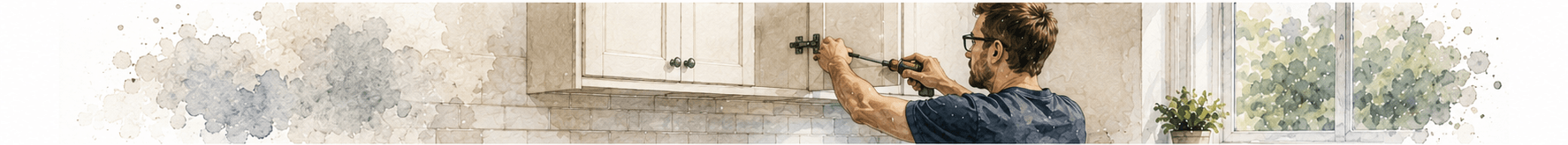 A person from Joshua Wyborn Maintenance Services uses a screwdriver to install or adjust the hinge on a white kitchen cupboard near a window with sunlight and a potted plant.