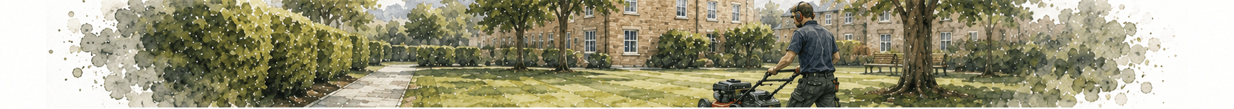 A person from Joshua Wyborn Maintenance Services mowing the lawn in front of a residential building on a sunny day, with manicured grass and neatly trimmed hedges.