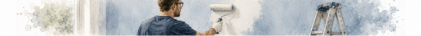 A person wearing glasses and gloves uses a paint roller to apply light blue paint to a wall; a ladder stands nearby, showcasing Joshua Wyborn’s Maintenance Services in action.