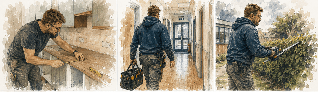 Joshua Wyborn provides expert maintenance services as he measures wood on a kitchen worktop, walks down a corridor with a tool bag, and trims bushes outdoors with an electric hedge trimmer.